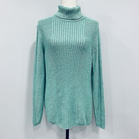 SUNDANCE L Turquoise Toasty Tweed Rib Knit Turtleneck Sweater Soft Cozy Winter - Picture 1 of 16
